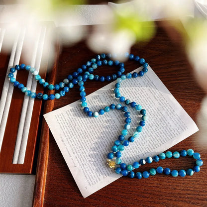 Long Blue Chalcedony Beaded Necklace (130cm) | Hand-Knotted Luxury