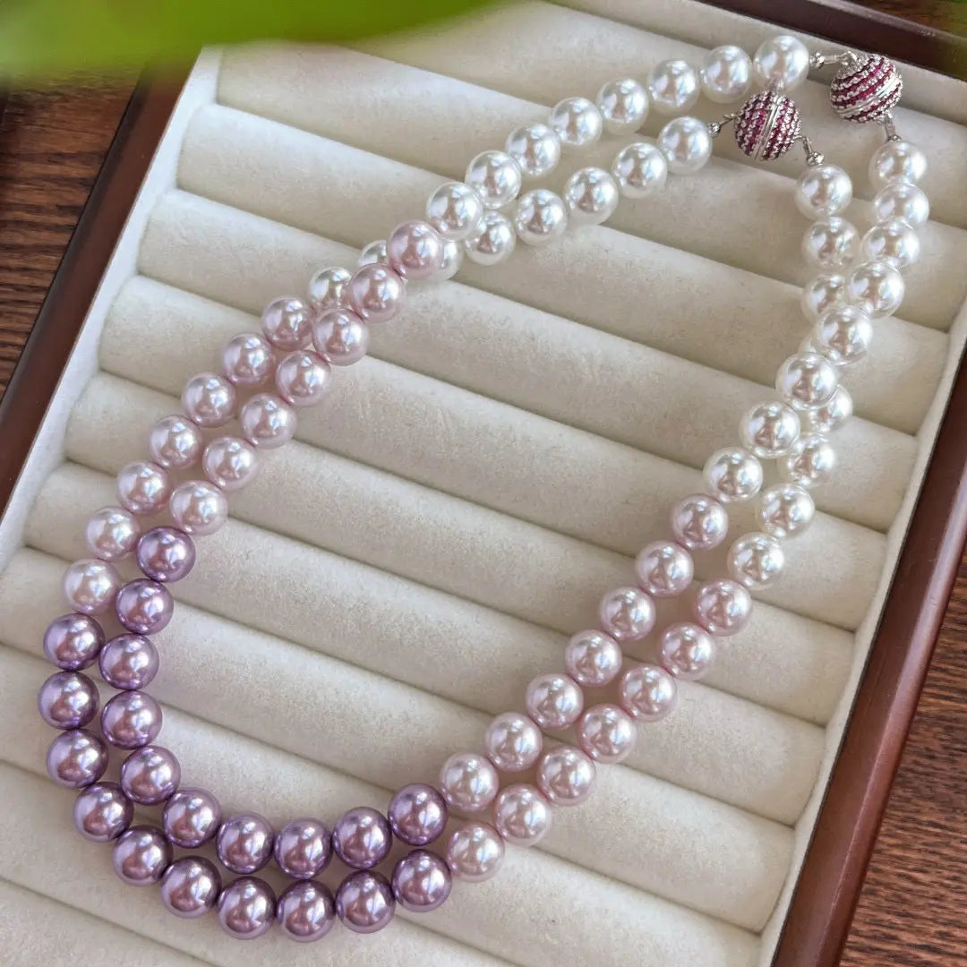 French "Ins" Gradient Purple-Pink Crystal & Pearl Necklace