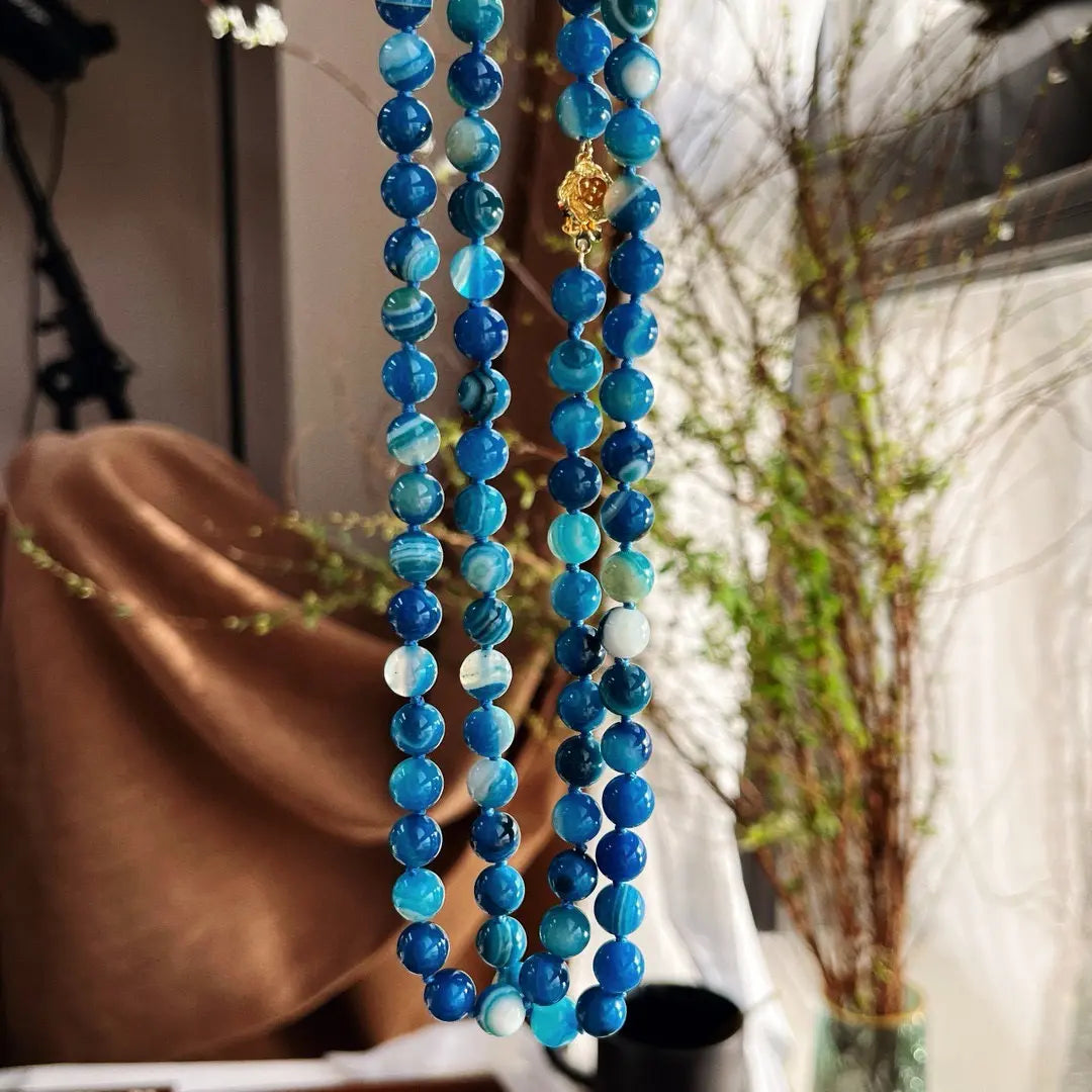 Long Blue Chalcedony Beaded Necklace (130cm) | Hand-Knotted Luxury
