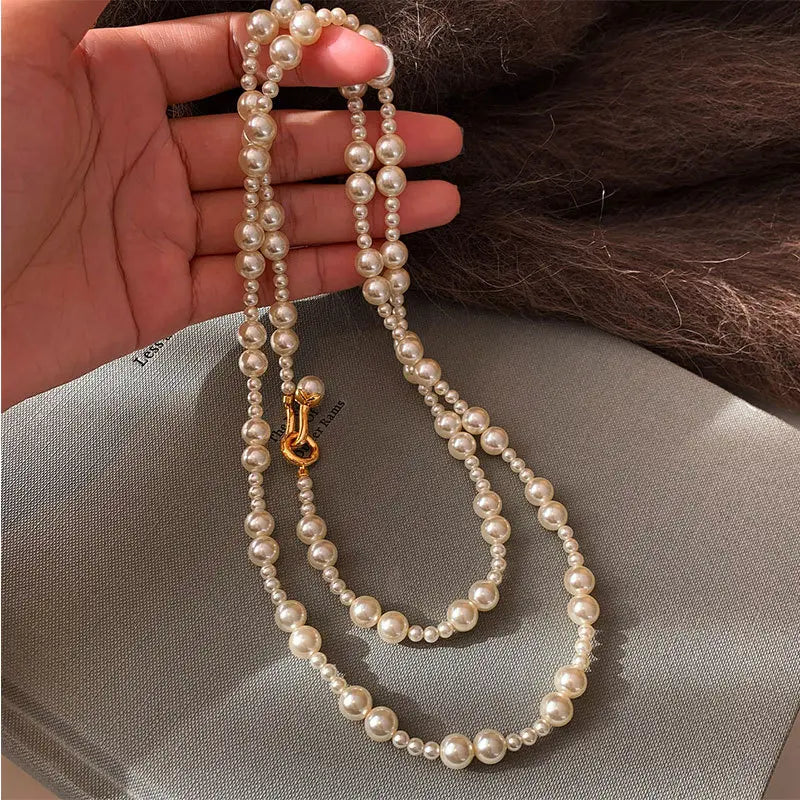 Faux Pearl Layered Necklace, Multi-Strand Choker, Sweater Chain