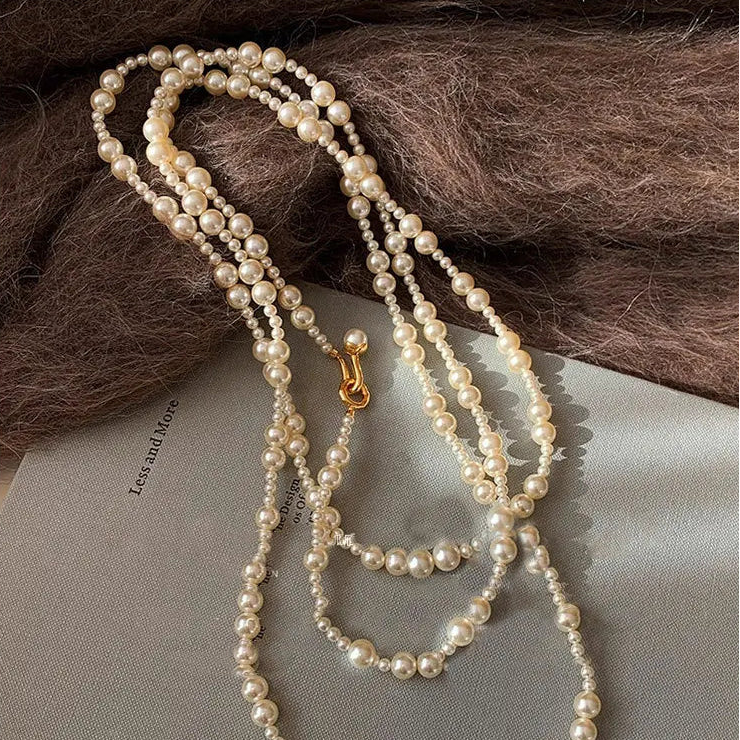 Faux Pearl Layered Necklace, Multi-Strand Choker, Sweater Chain