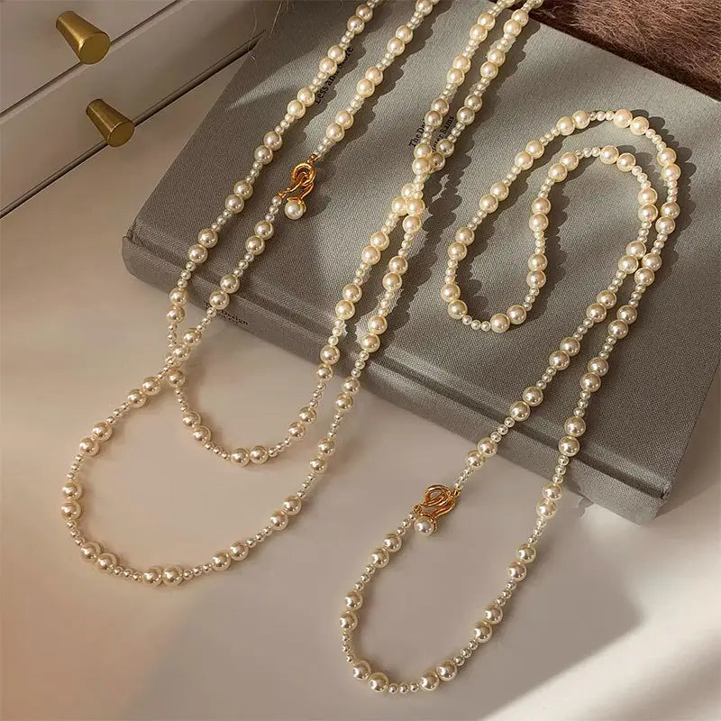 Faux Pearl Layered Necklace, Multi-Strand Choker, Sweater Chain