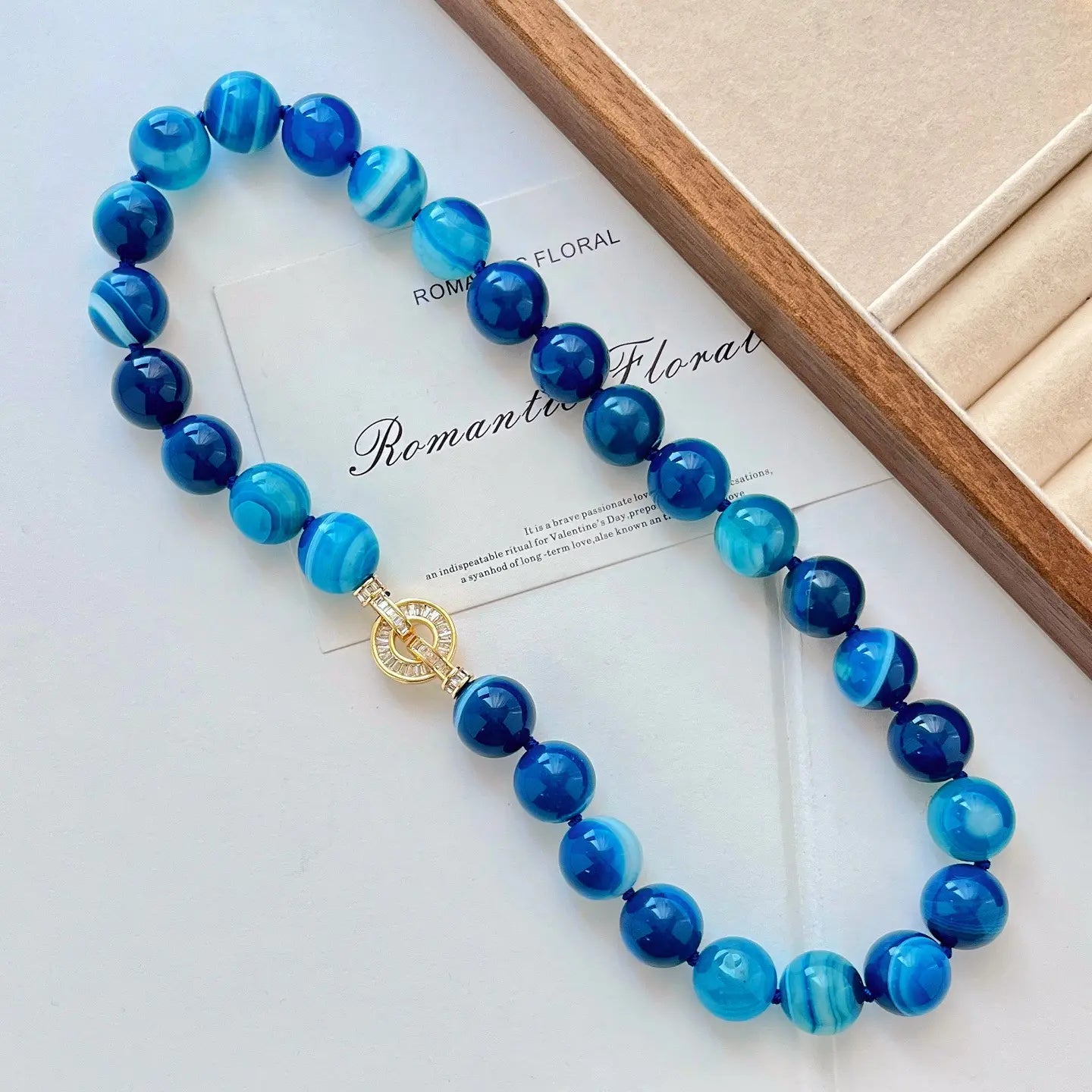 Basic 14mm Natural Blue Agate Clavicle Necklace | Minimalist Jewelry