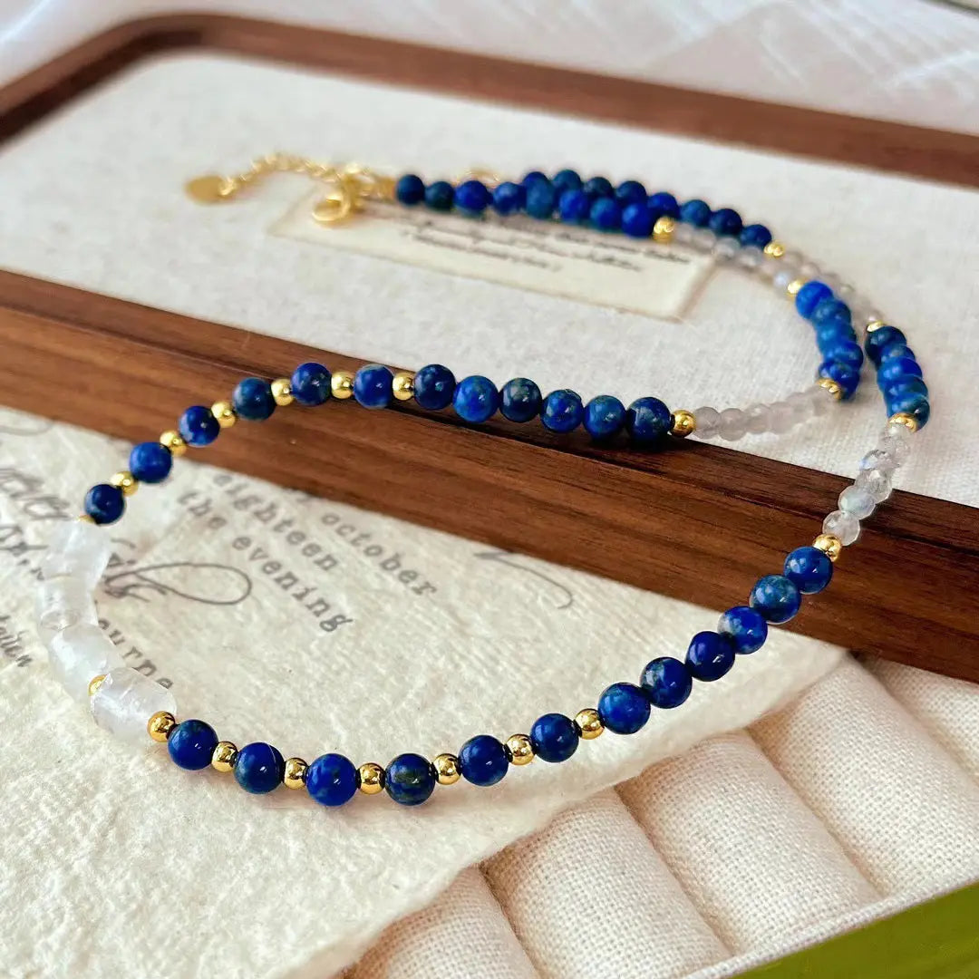 Vintage Lapis Lazuli & Grey Moonstone Clavicle Necklace | Elegant Jewelry