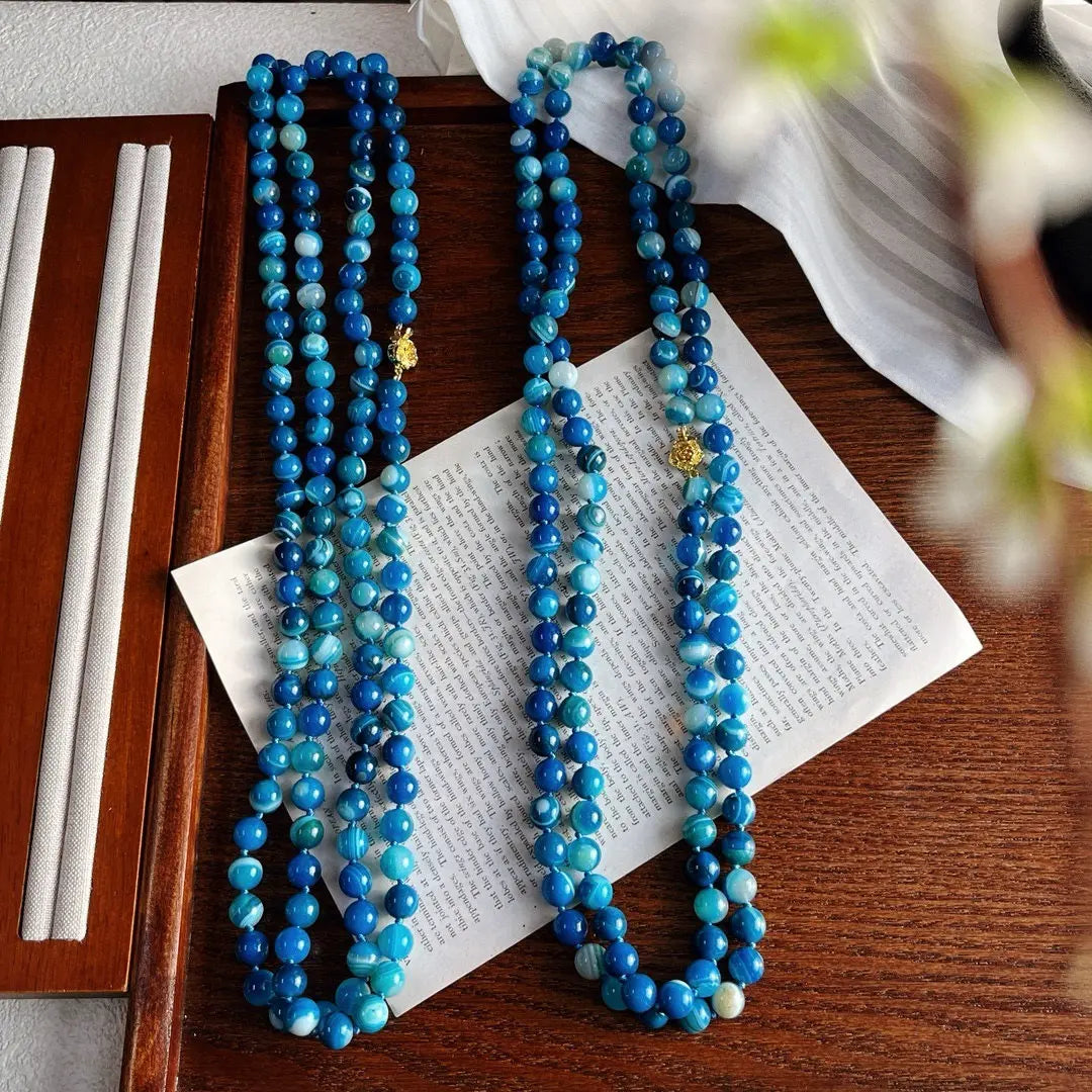 Long Blue Chalcedony Beaded Necklace (130cm) | Hand-Knotted Luxury