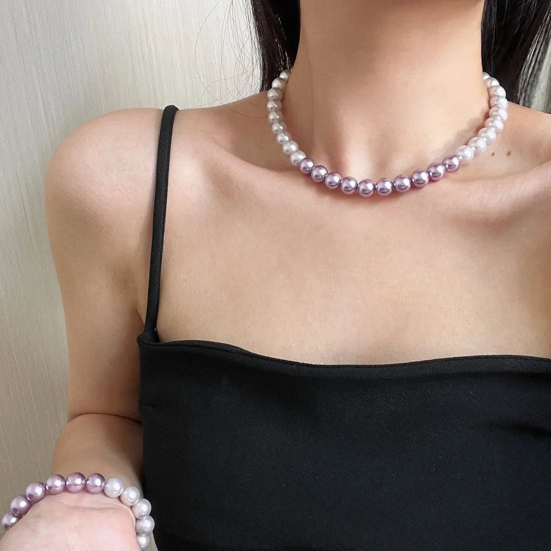 French "Ins" Gradient Purple-Pink Crystal & Pearl Necklace