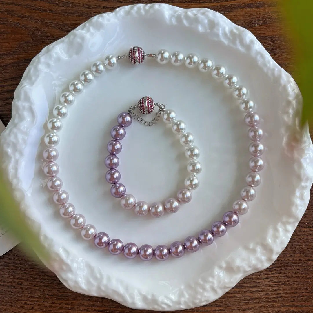 French "Ins" Gradient Purple-Pink Crystal & Pearl Necklace