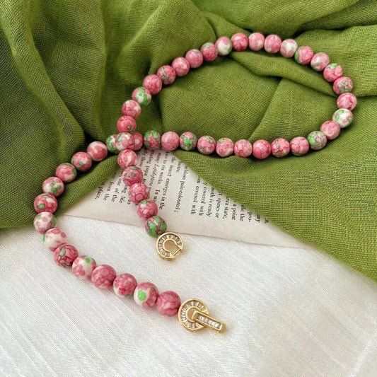 Retro Pink & Green Glazed Ceramic Bead Necklace | Vintage Choker