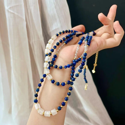 Vintage Lapis Lazuli & Grey Moonstone Clavicle Necklace | Elegant Jewelry