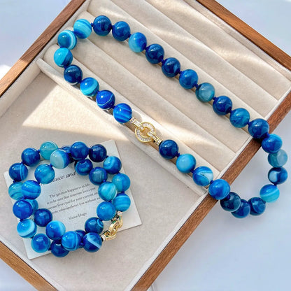 Basic 14mm Natural Blue Agate Clavicle Necklace | Minimalist Jewelry