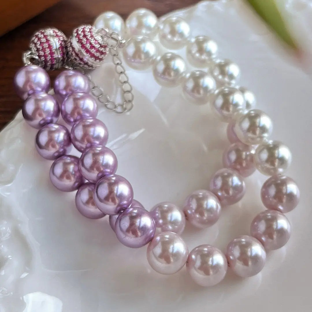 French "Ins" Gradient Purple-Pink Crystal & Pearl Necklace